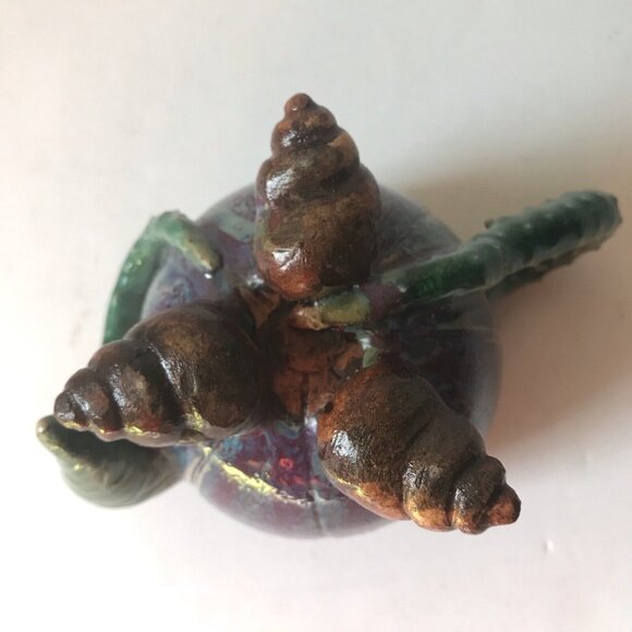 Stoneware art teapot with frog conch shell legs lotus leaf blue green unsigned - Picture 9 of 10